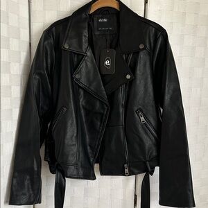 Elodie Black Faux Leather Moto-Style Jacket with Belt